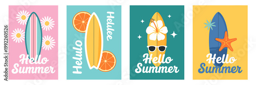 Colorful summer greeting cards featuring surfboards and tropical elements