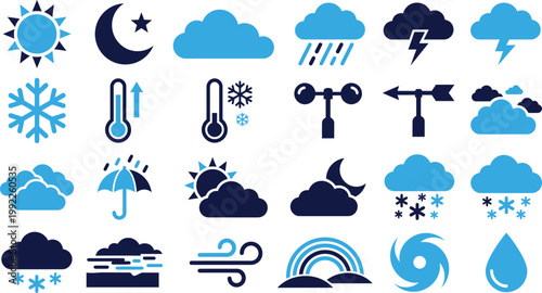 Collection of weather icons in blue and dark blue colors.