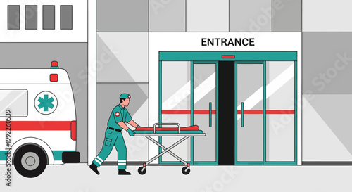 Paramedic pushing stretcher towards hospital entrance with ambulance nearby
