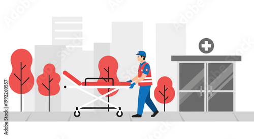 Paramedic Pushing Stretcher Towards Hospital Entrance with City Buildings Background