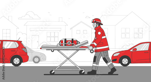 Paramedic pushing stretcher with medical bag on street with cars, emergency scene