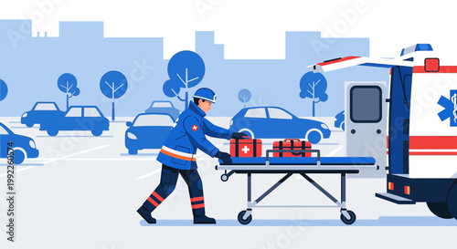 Paramedic pushing stretcher with medical bags towards ambulance, emergency response scene