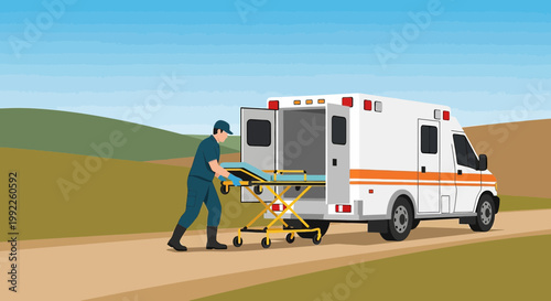 Paramedic Unloads Stretcher from Ambulance on Rural Road