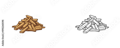 Pile of natural wood chips in brown and black line styles used for smoking food and barbecue flavoring on white background