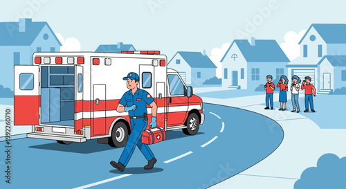 Paramedic Responding to Emergency Call in Suburban Neighborhood with Ambulance