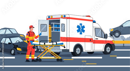 Paramedic Responds to Car Accident Scene with Ambulance and Stretcher