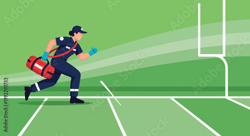 Paramedic rushes onto football field with medical bag for emergency response