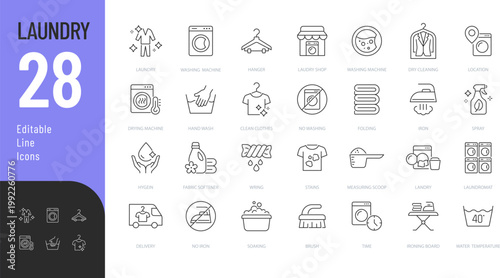 Laundry Line Editable Icons set. Vector illustration in a modern thin line style of textile care related icons: machine washing, ironing, folding, and more. Isolated on background.