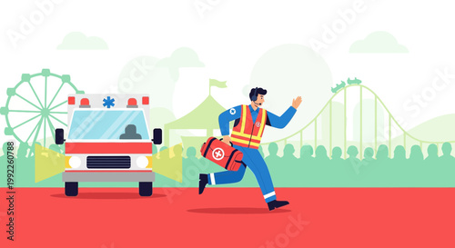 Paramedic rushes to aid at amusement park with ambulance and roller coaster