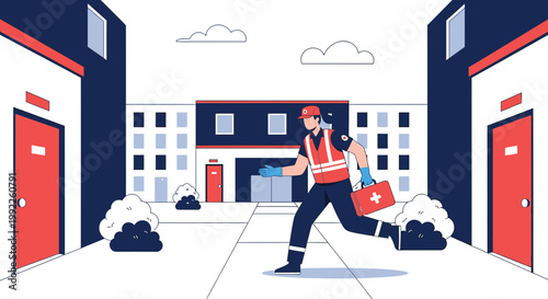 Paramedic rushes to aid with medical kit, emergency response in urban street