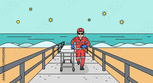 Paramedic rushes with stretcher on pier, ocean waves and sun in background