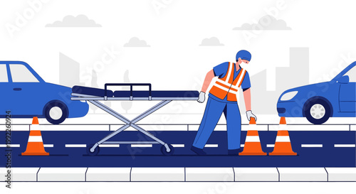 Paramedic Sets Up Cones Near Ambulance Stretcher After Car Accident