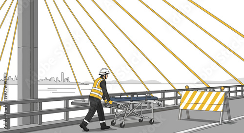 Paramedic Transports Patient on Stretcher Across Bridge During Roadwork