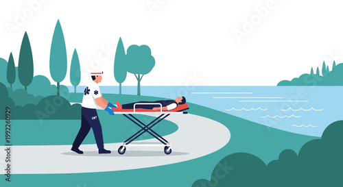 Paramedic transports patient on stretcher by lake, outdoor rehabilitation