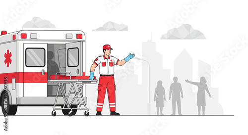 Paramedic Sprays Disinfectant Near Ambulance and Silhouettes of People in City