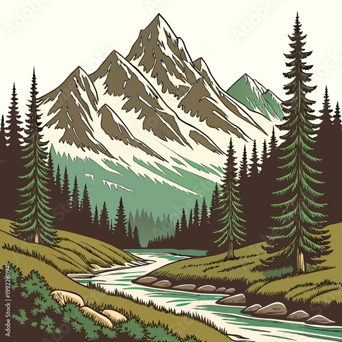 A serene mountain landscape with a river flowing through a forest of evergreen trees