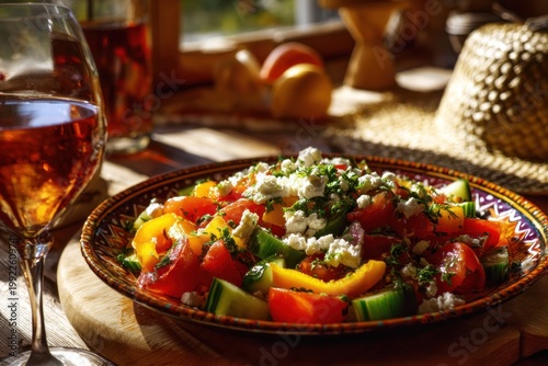 Bulgarian Summer Salad on Rustic Board