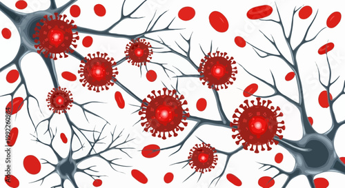 Red virus cells attacking human nervous system and neurons with blood cells flowing in background representing infection and medical science research. Detailed 3D look vector medical graphic.