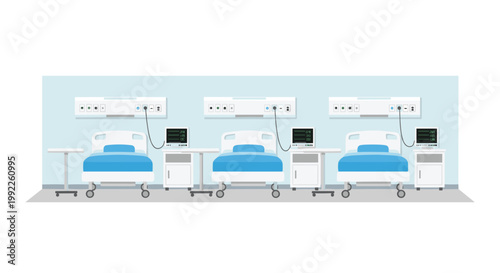 A clean hospital ward features three identical blue patient beds equipped with medical monitors and bedside cabinets under bright sterile lighting.