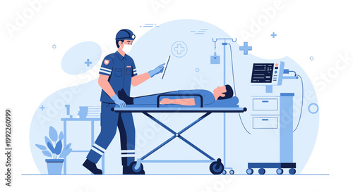 Paramedic Tending to Patient on Stretcher Next to Medical Equipment