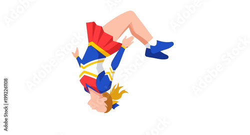 Energetic Cheerleader Performing a Dynamic Backflip Against a White Background