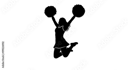 Silhouette of a Cheerful Cheerleader Jumping with Pom Poms in the Air Celebrating Victory and Team Spirit