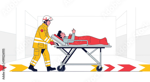 Paramedic Transporting Patient on Stretcher in Hospital Corridor