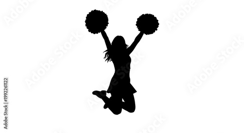 Silhouette of a Joyful Cheerleader Jumping with Pom Poms in the Air Celebrating Victory and Team Spirit