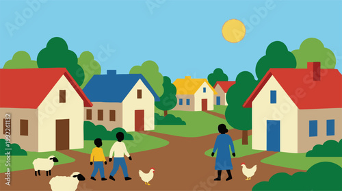 Idyllic village scene with people, houses, sheep, and chickens under sun