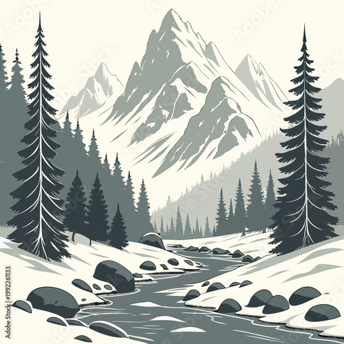 Canvastavla A serene winter landscape illustration featuring a snow-covered mountain range,