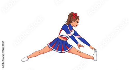 Photos Young Female Cheerleader Performing a Dynamic Straddle Split Stretch in Uniform