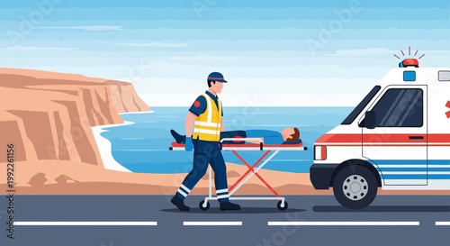 Paramedic Transporting Patient on Stretcher to Ambulance by Coastal Road