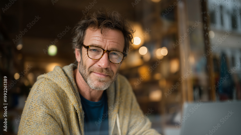 Obraz premium Over the shoulder view of man updating resume on screen, reflection of street visible in window, rain outside, job hunting, unemployment, career pivot, 40s male, home office, economic hardship, job