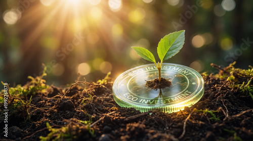 Green Plant Growing From A Transparent Eco Investment Coin