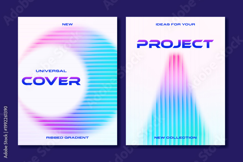 Abstract cover template set with ribbed gradient shapes. Vector for web and print. Modern design for posters, magazine covers, branding and social media.