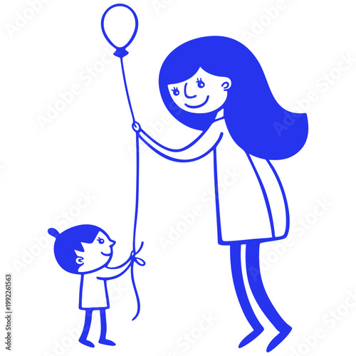 Mother Kid Balloon Doodle Illustration