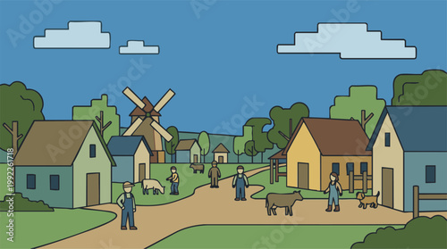 Rural village landscape with traditional houses, windmill, farmers, and farm animals