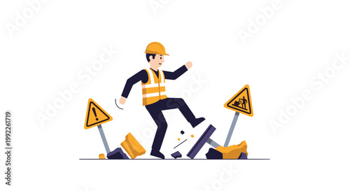 A construction worker wearing a yellow hard hat and safety vest trips over a fallen sign amidst debris in a safety warning illustration.