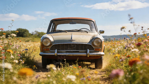 Classic Car in a Wildflower Field