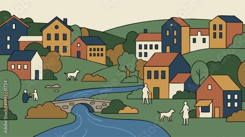 Hilly village scene with houses, river, bridge, people, and dogs