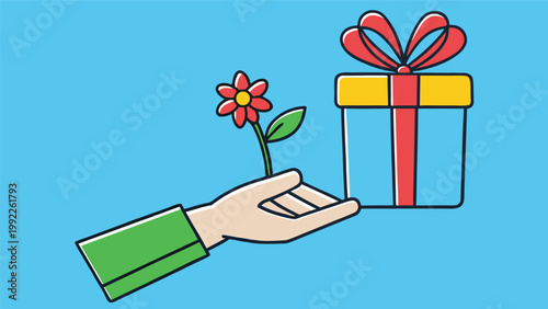 Hand holding a small flower next to a gift box with a red ribbon on a blue background for celebration and kindness concept