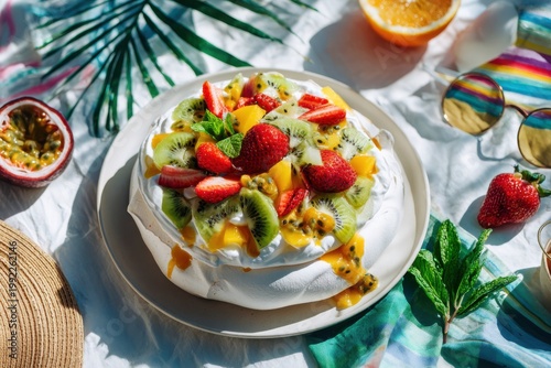 Summer Pavlova Delight on White Plate