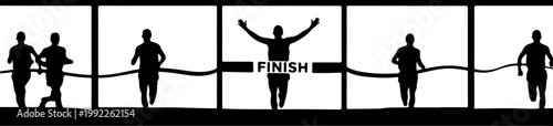 Running, marathon, finish line, silhouette icons, black and white, athletic vector graphics, sports illustrations, fitness, competition, achievement