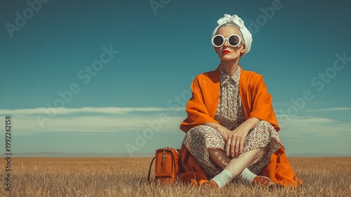 An older woman in a relaxed pose, with sunglasses, in the open field, with a bag beside her, enjoying the scenic view.