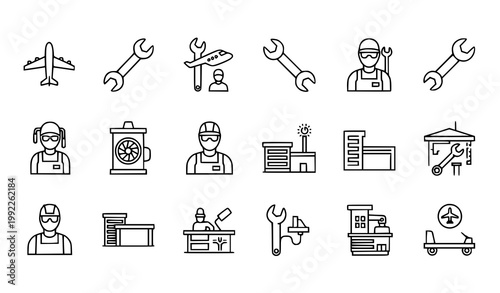 Aircraft mechanic icons set vector thin line aviation maintenance airplane jet engine repair hangar pictograms isolated white background