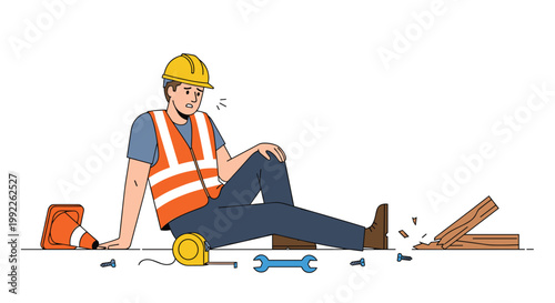 A worried construction worker sits on the ground holding his knee next to broken wood and scattered tools after a workplace accident.