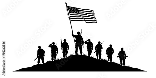 Silhouette of american soldiers with flag patriotic military scene