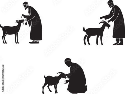Muslim man with goat performing Eid ul Azha sacrifice ritual silhouette illustration