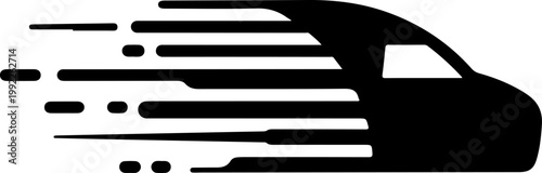 Speeding car silhouette, racing vehicle icon, motion graphics element, black and white vector