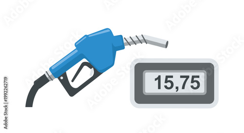 A professional blue gasoline nozzle sits adjacent to a gray digital meter displaying a numerical value of fifteen point seventy-five on a white background.
